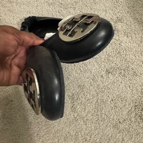 Tory Burch Black Flats with Silver Logo - Picture 2 of 9